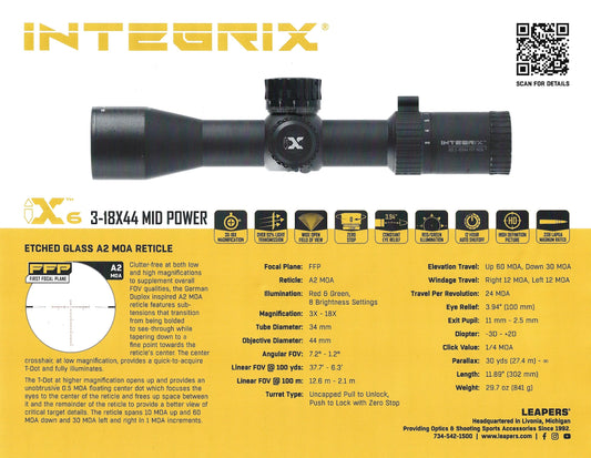 INTEGRIX IX6 3-18X44 34MM FFP MID POWER SCOPE, A2 MOA